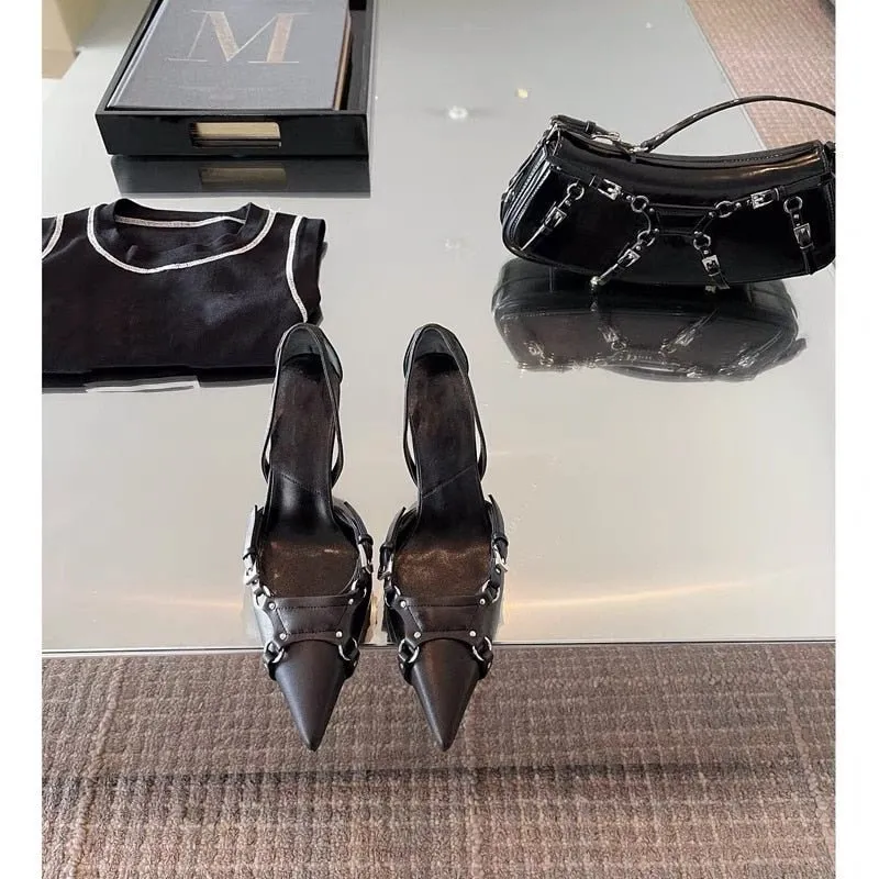 Women Large Size Black Lace Up  Clear Pointed Sandals