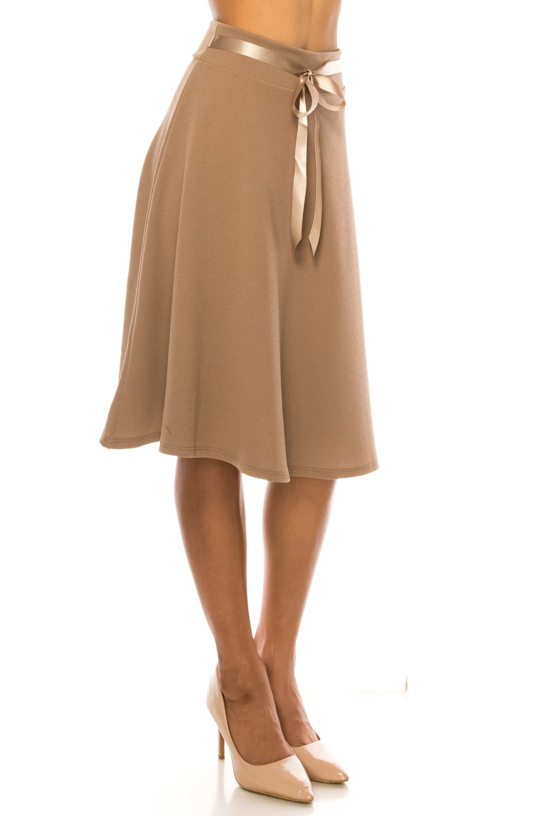 Women's Solid A-line Casual High Waist Bow Tie Belted A Line Midi Knee Length Skirts