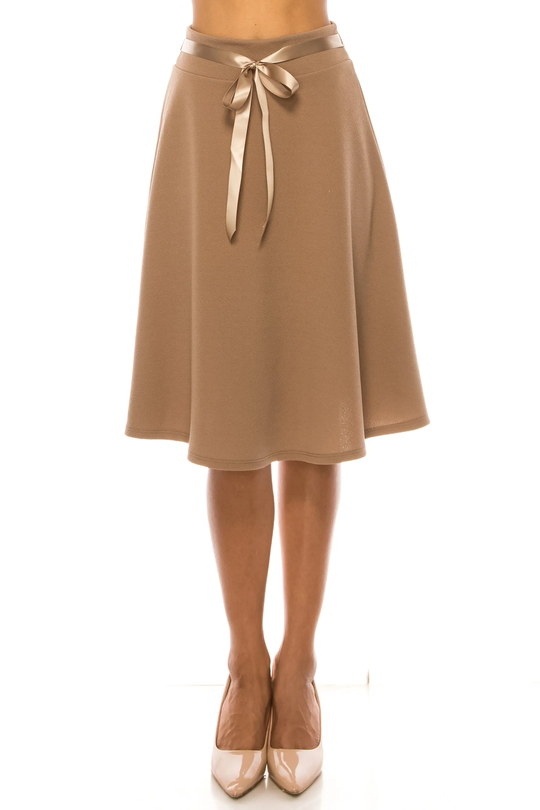 Women's Solid A-line Casual High Waist Bow Tie Belted A Line Midi Knee Length Skirts