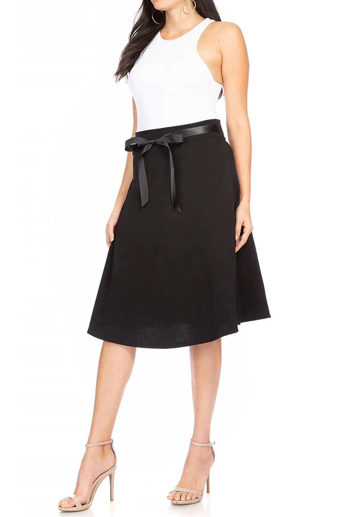 Women's Solid A-line Casual High Waist Bow Tie Belted A Line Midi Knee Length Skirts